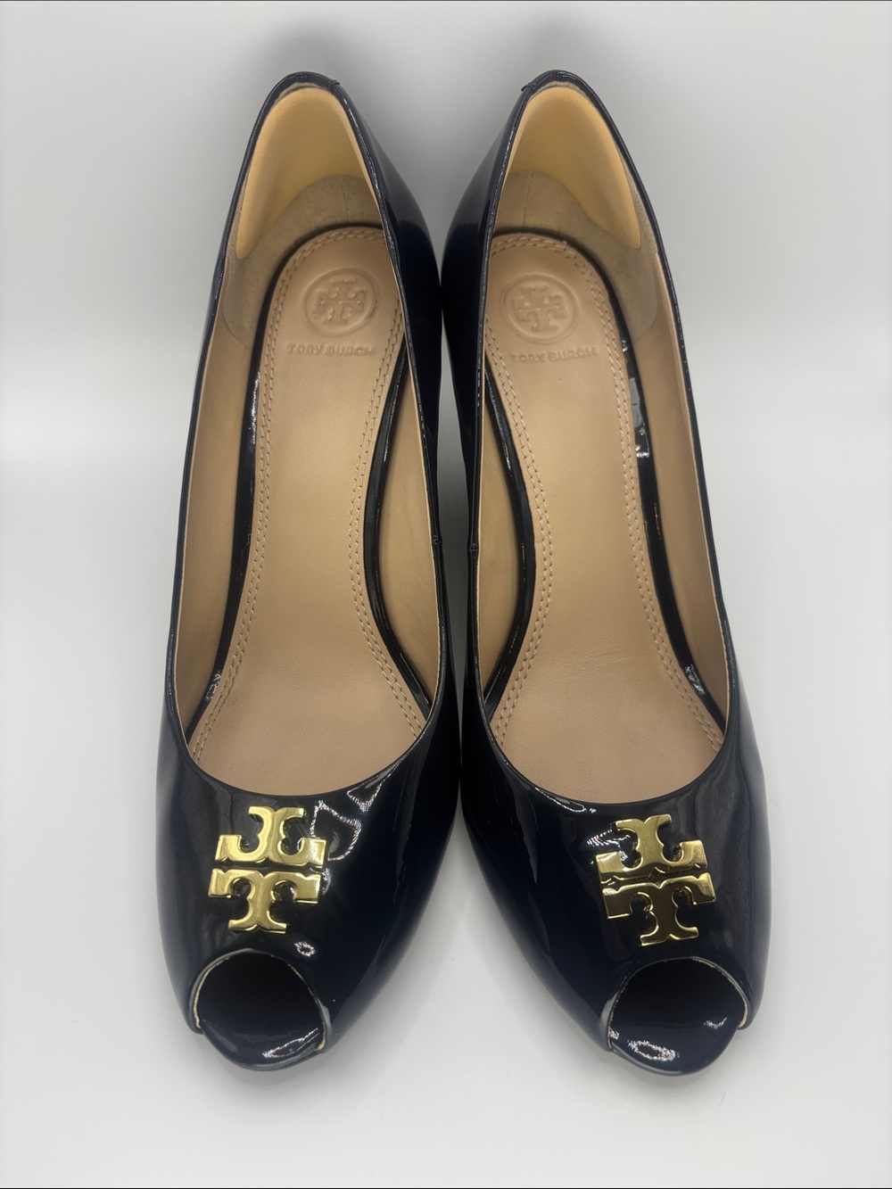 Tory Burch Navy Patent Leather Peep-Toe Wedges with Gold Logo
